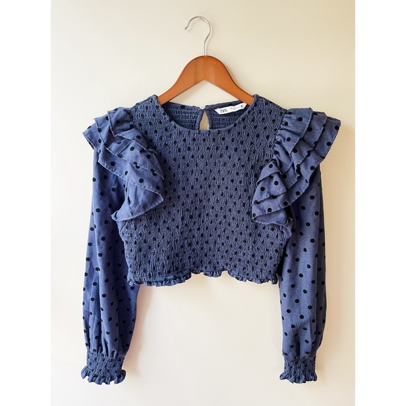 Zara Elasticized Polka Dot Smocked Long Sleeve Blouse Cropped Ruffle Balloon M - Picture 4 of 5